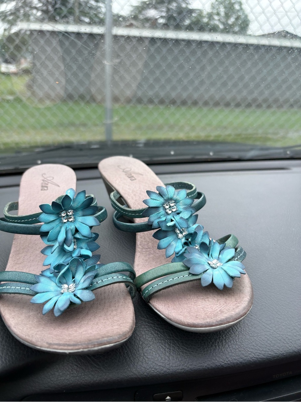 Teal Floral Slide Sandals with Jewel Accents